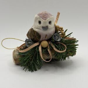Owl Christmas Ornament on Wood Log Rustic Nature Holiday Bird Tree 3.75”L x 3”H